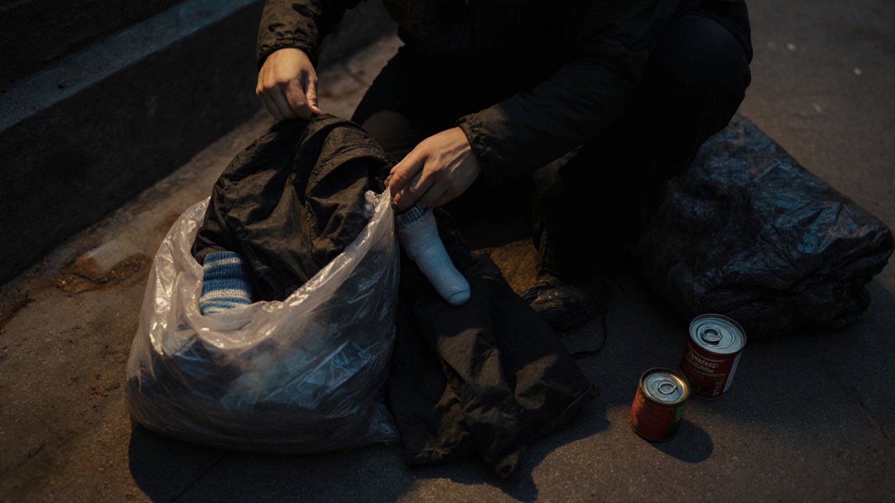 Person sleeping rough holding clean socks and a waterproof jacket, with discarded donated items nearby in an urban alley at dusk.