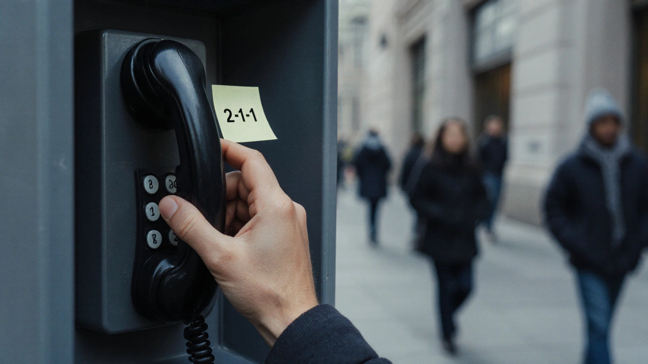 Someone calling 2-1-1 on a public payphone outside a library.