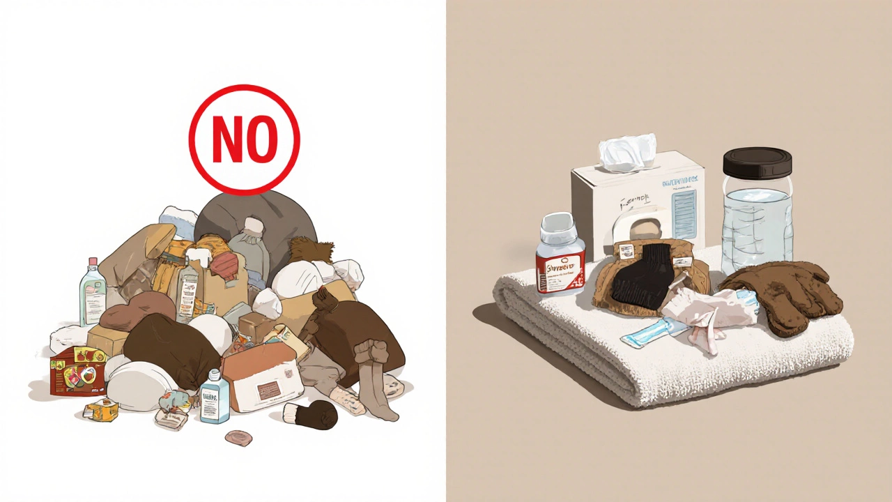 Split image: chaotic unused donations on one side, practical essentials neatly arranged on the other, symbolizing thoughtful giving.