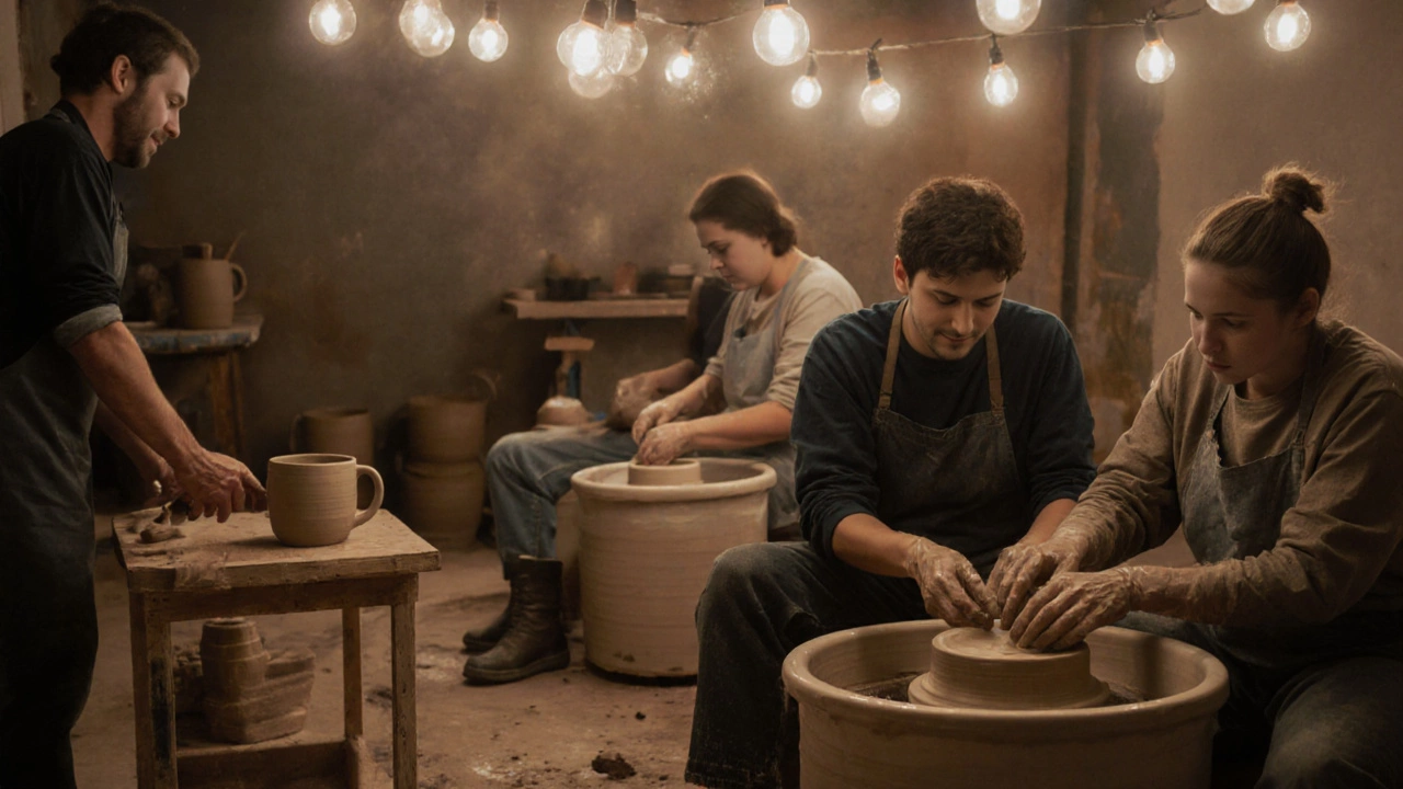Three people making pottery at a studio, hands covered in clay under warm lights.