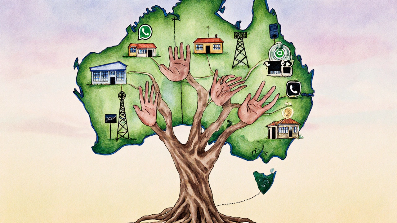 Tree with hands as roots growing from a Queensland map, connecting community touchpoints.