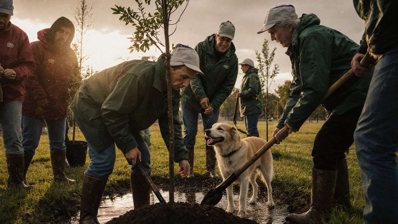 Volunteers planting trees in a park during light rain, smiling and working together.