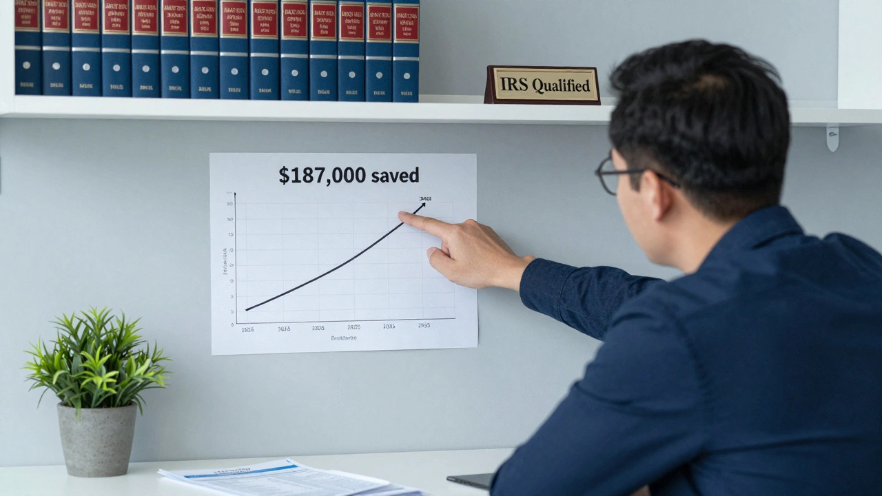 A financial advisor explaining tax savings from a charitable trust using a growth chart.