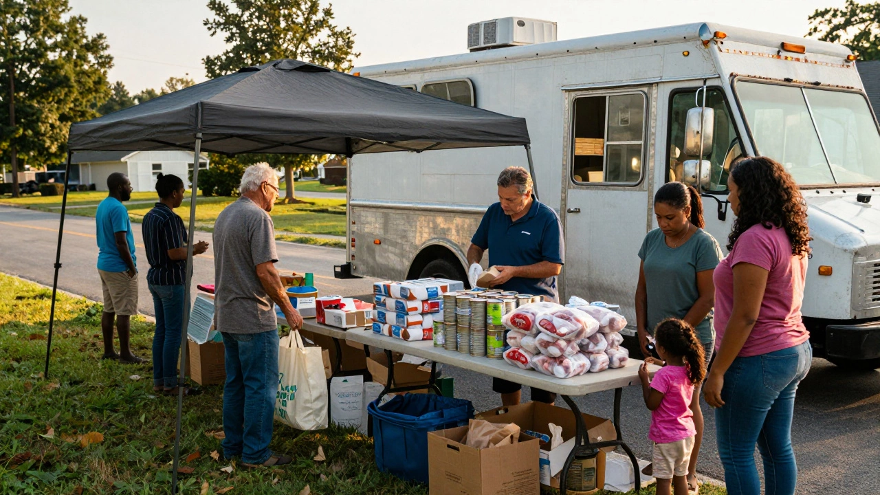 A mobile food truck distributing emergency food to residents on a rural Virginia road.