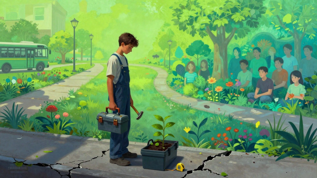 A young person transforming a broken sidewalk into a vibrant community mural