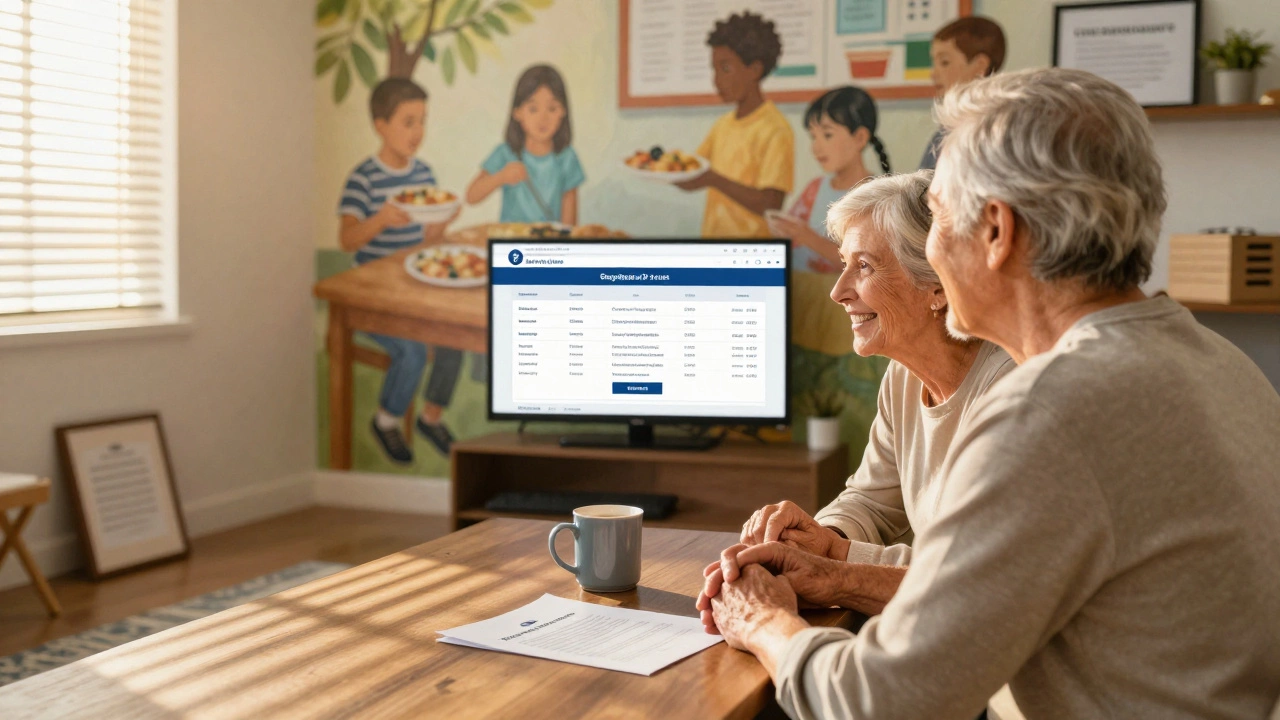An elderly couple watching a digital display of a charitable trust benefiting a community center.