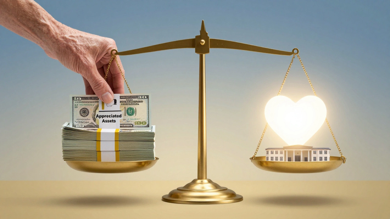 Balance scale weighing appreciated assets against a glowing heart of charitable legacy.
