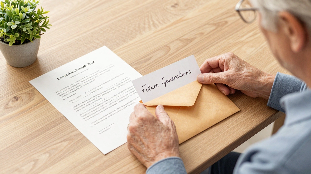 Elderly person writing a letter to future generations beside a trust document.