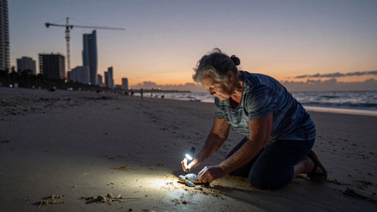 Elderly woman counting turtle eggs on a beach at dusk, flashlight illuminating her hands, crane visible in distance.