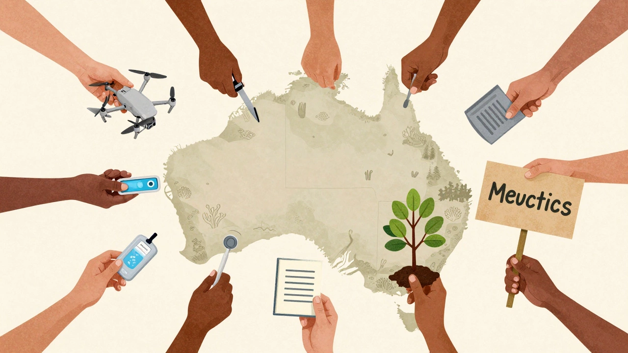 Interconnected hands holding environmental tools across a map of Australia, symbolizing collaborative activism.