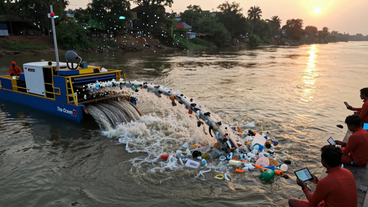 Ocean Cleanup machine removing plastic from a river in India, with satellite tracking dots above and clean water flowing downstream.