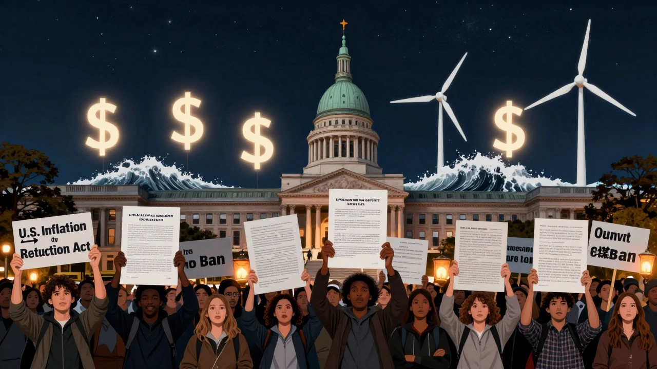 People holding signs that turn into laws, with coal plants shutting down and wind turbines rising in the background.