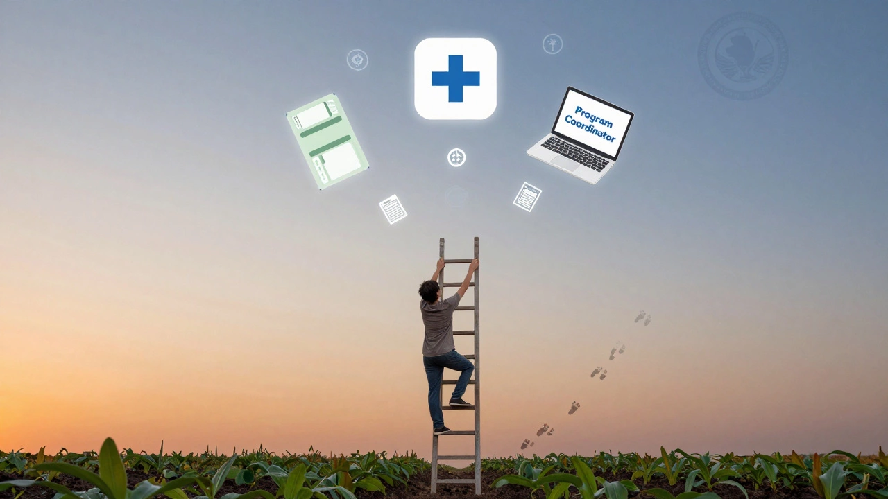 Person climbing a ladder of hands from community garden to symbols of paid nonprofit career opportunities.