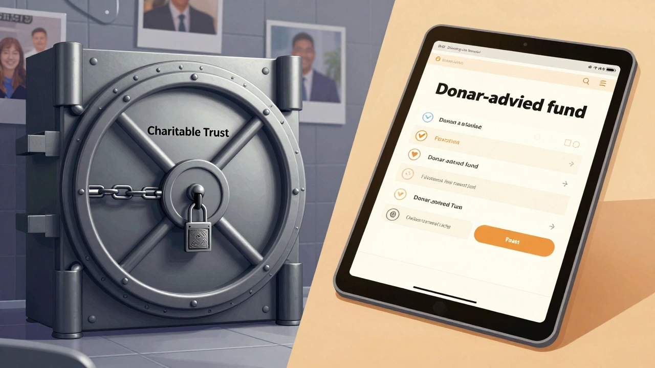 Split image: locked trust vault versus open donor-advised fund on tablet.