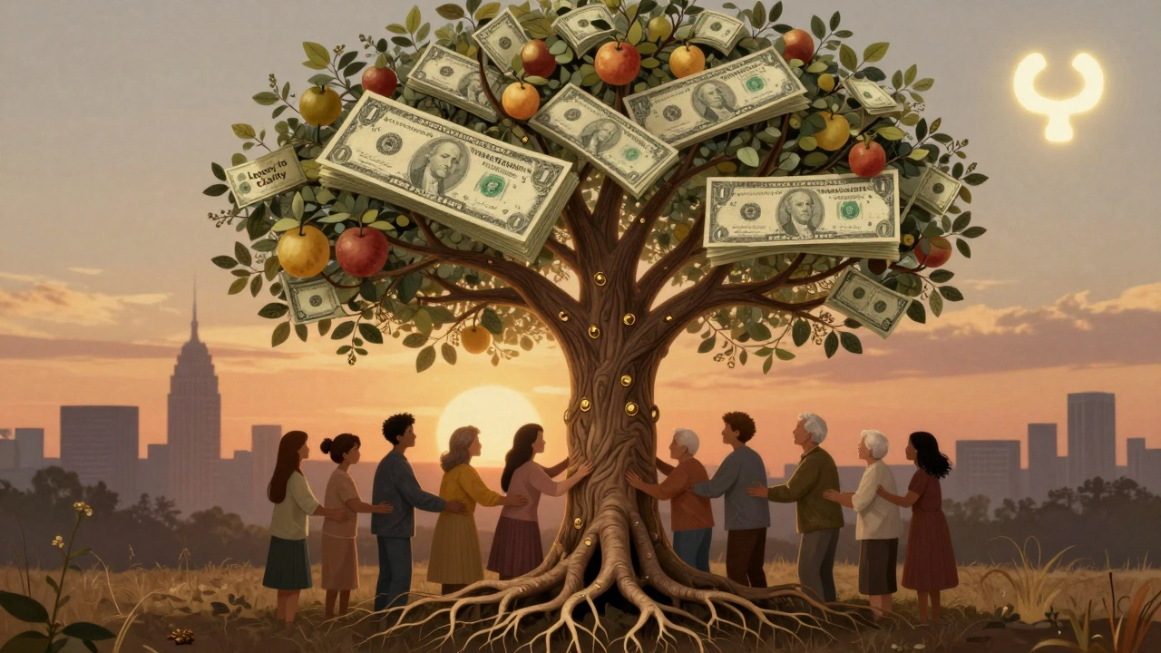 Symbolic tree with dollar bill roots and fruit labeled 'Income for Life' and 'Legacy to Charity.'