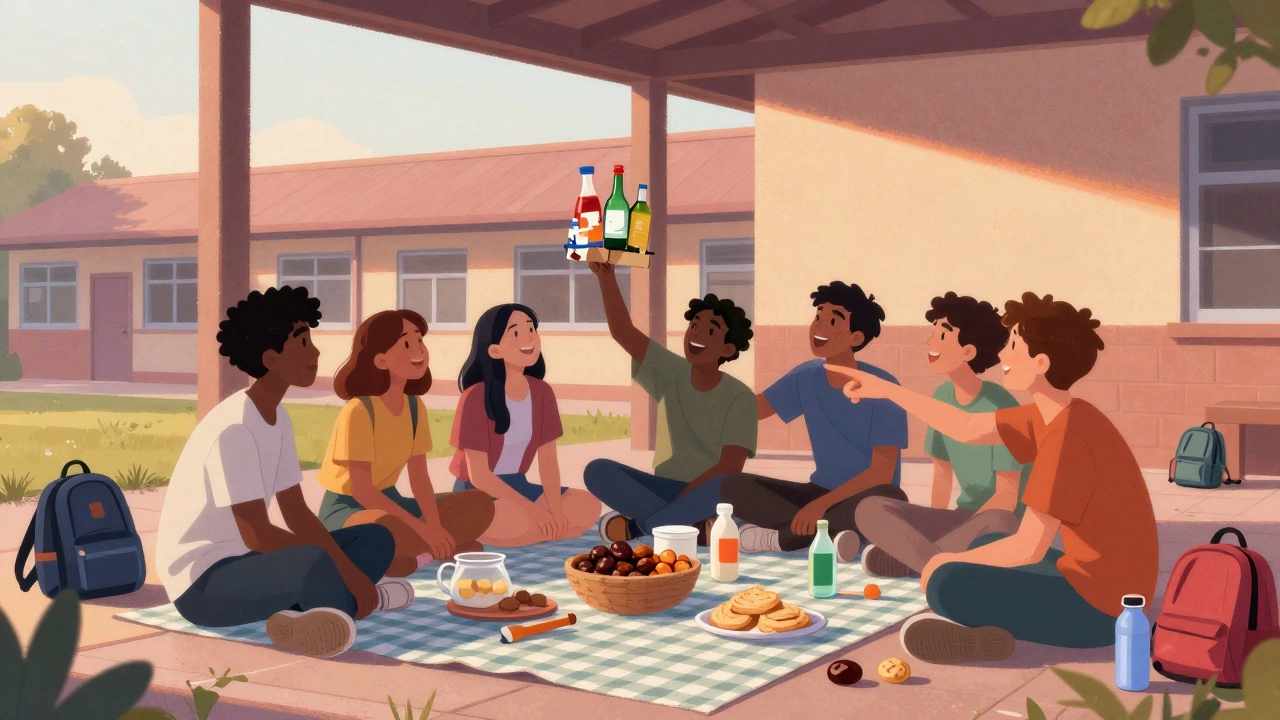 Teens sharing snacks and recycled art under a school veranda at sunset.