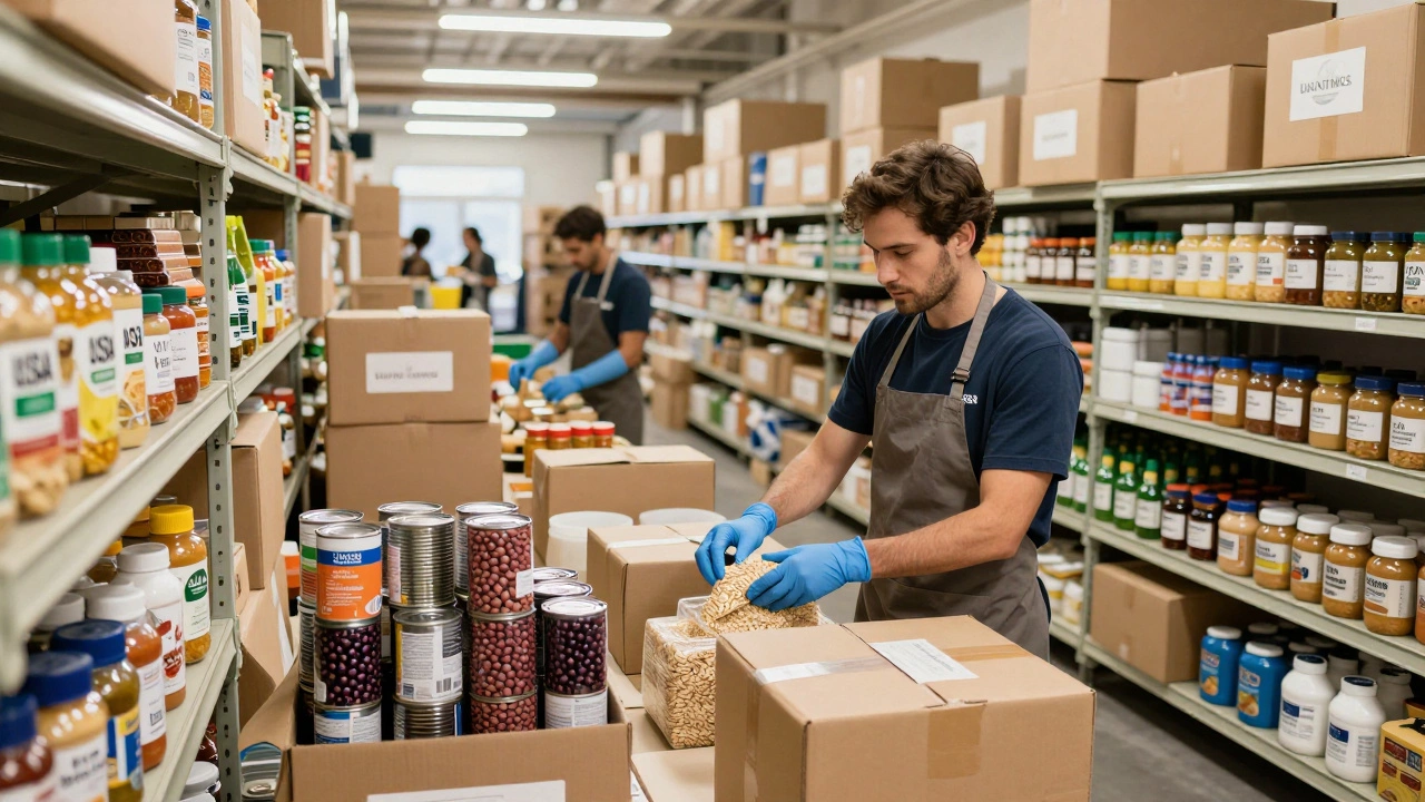Volunteers sorting canned food and staples in a food bank warehouse.