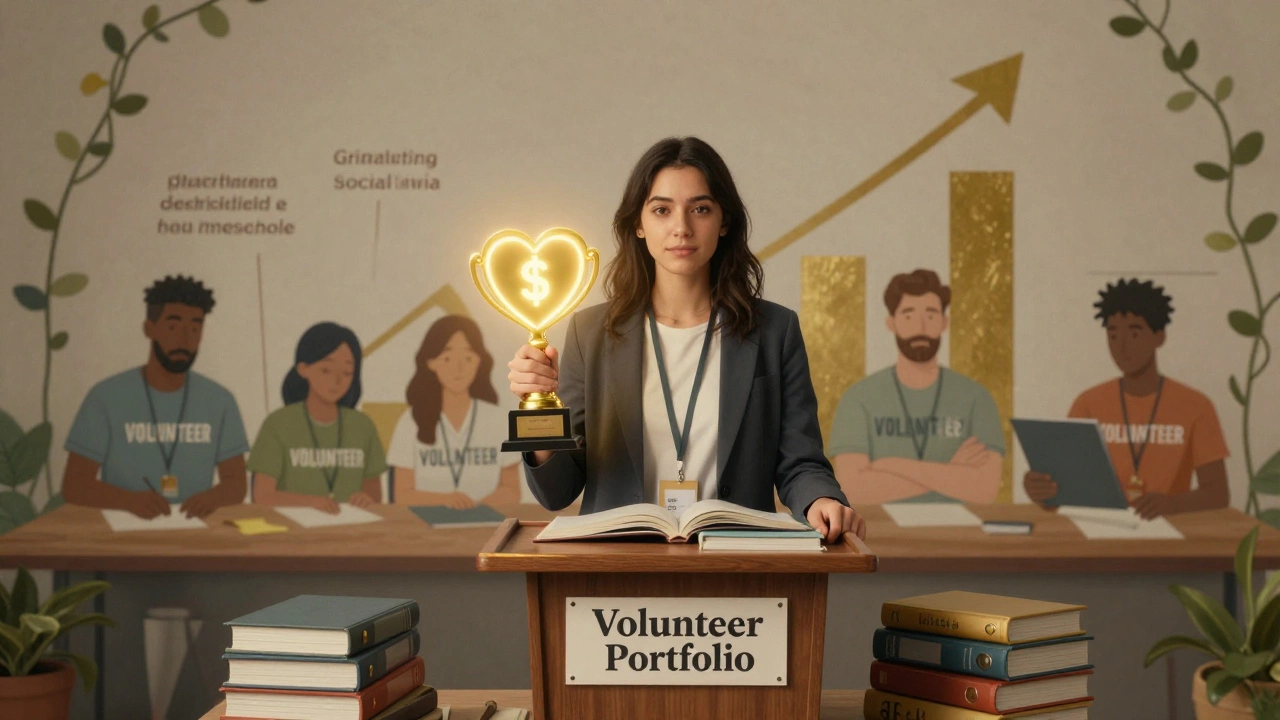 Woman standing at a podium made of books, holding a heart-shaped trophy with dollar signs, behind her impact mural.