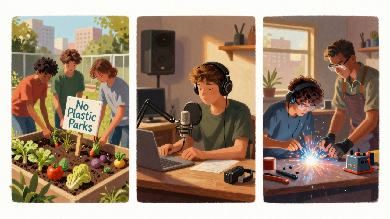 Youth working together on gardening, podcasting, and carpentry projects