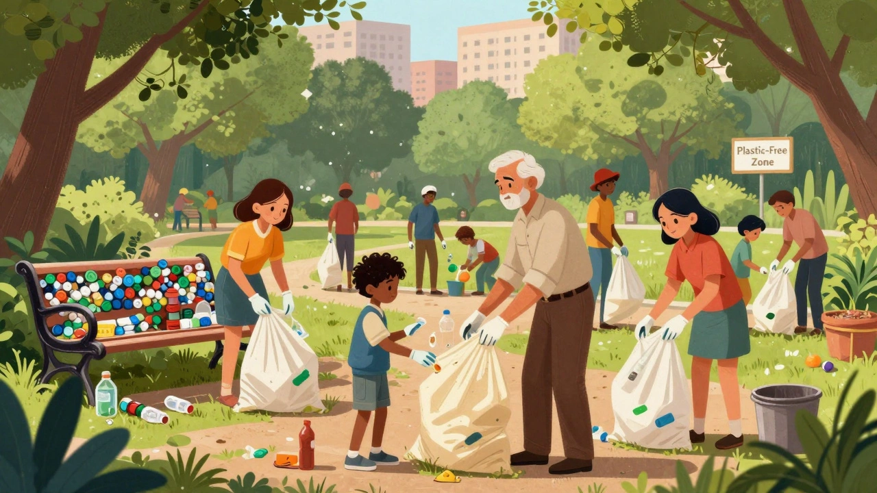 A community group cleaning plastic waste from a park, with a bench made from recycled bottle caps.