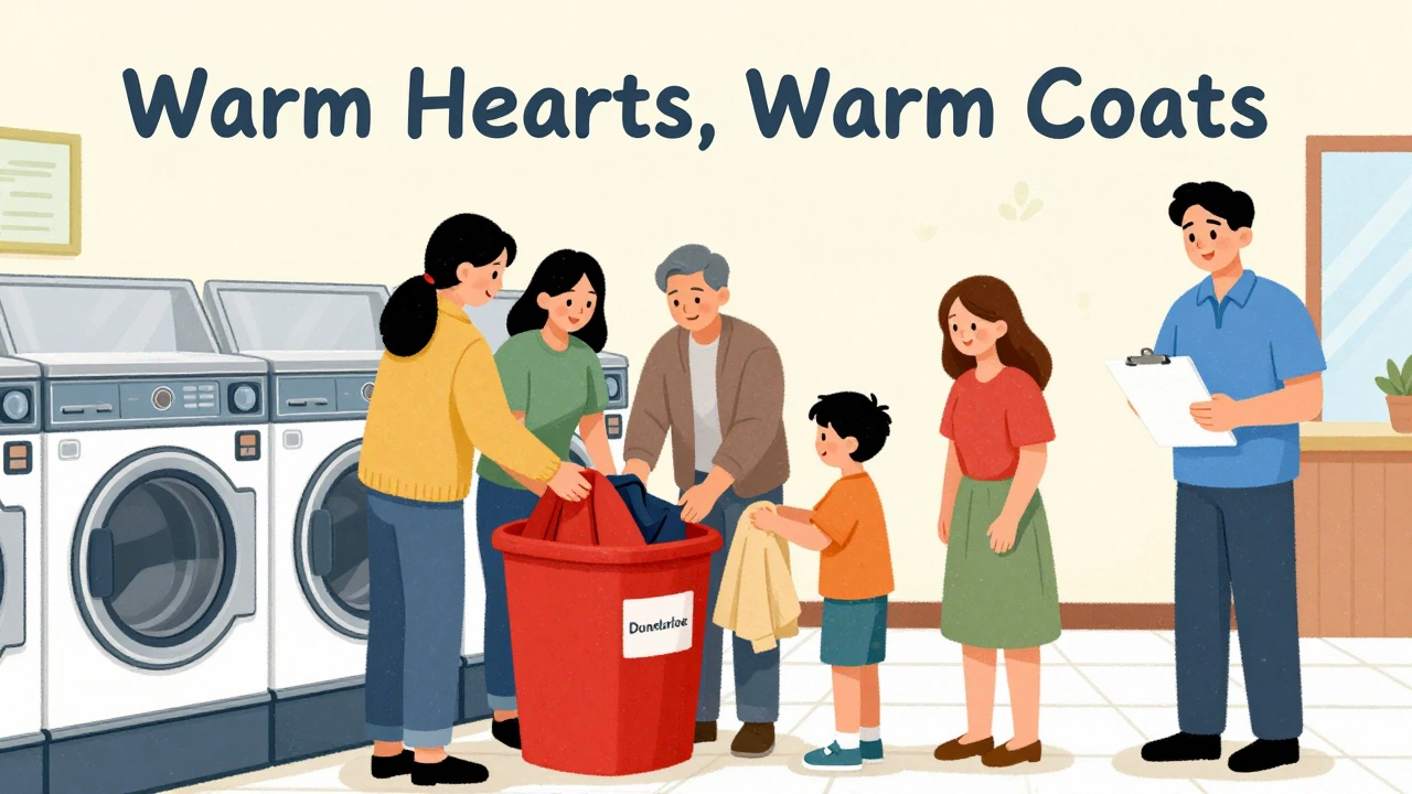 A family donating a coat at a laundromat with a volunteer smiling nearby.