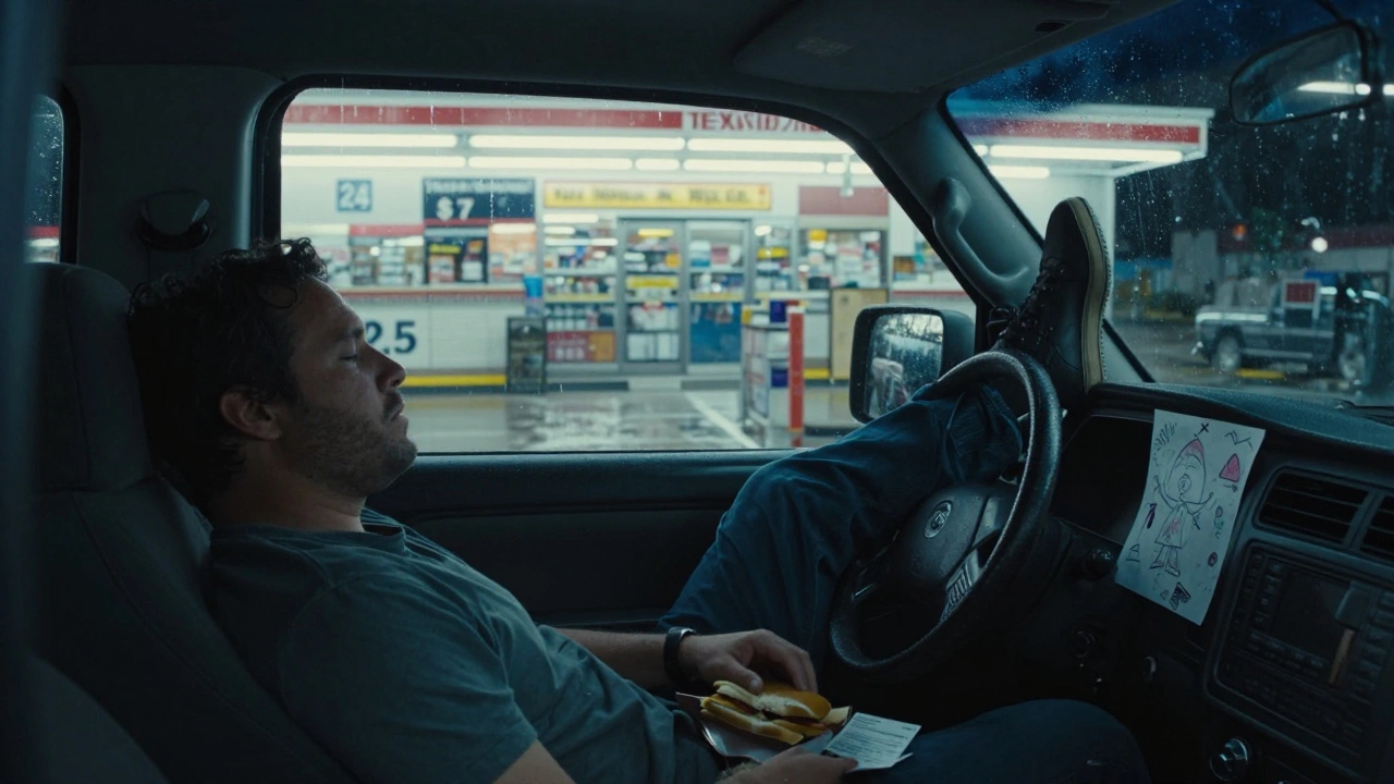 A man sleeps in his pickup truck at a convenience store lot, a pay stub and sandwich visible inside, under fluorescent lights.