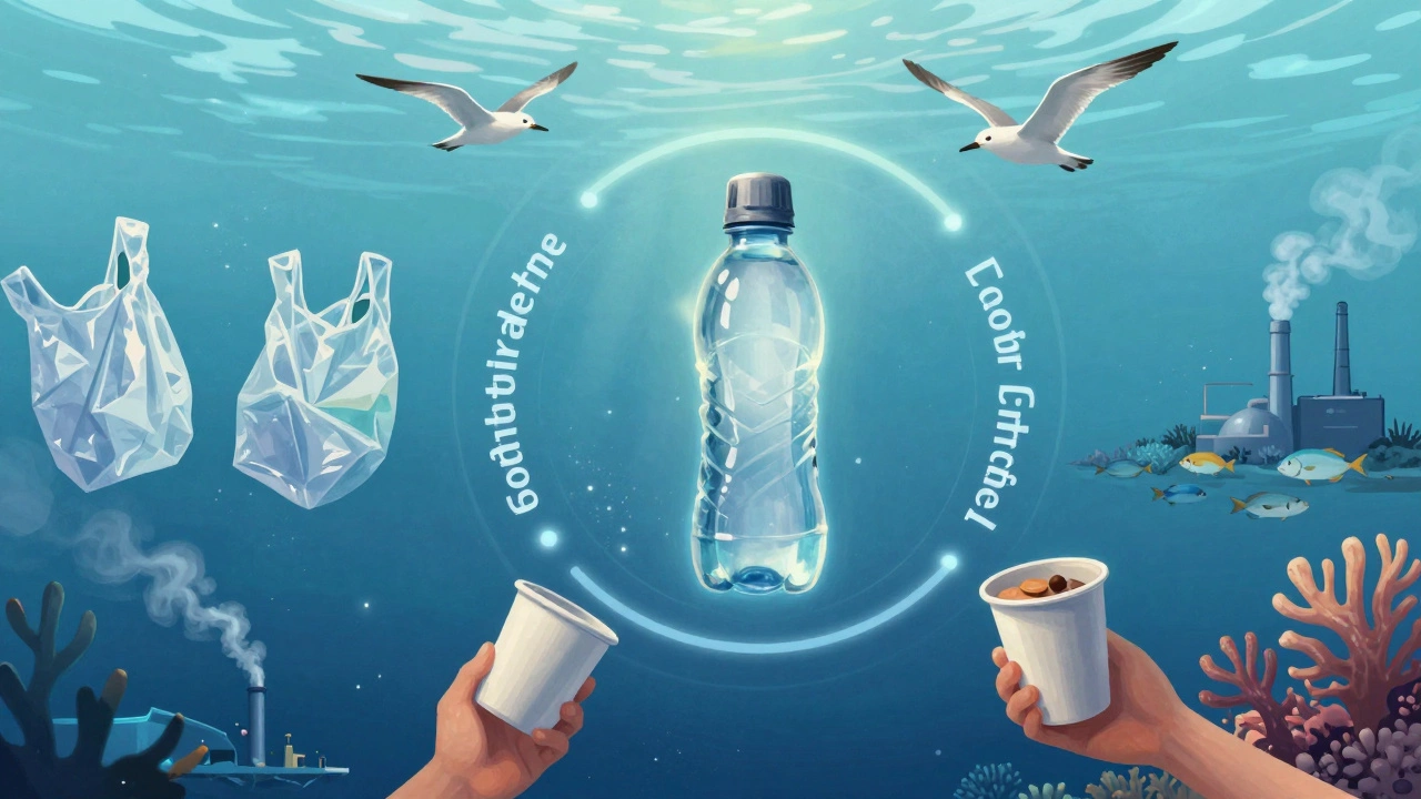 A reusable bottle radiating positive environmental changes, from clean oceans to free-flying birds.