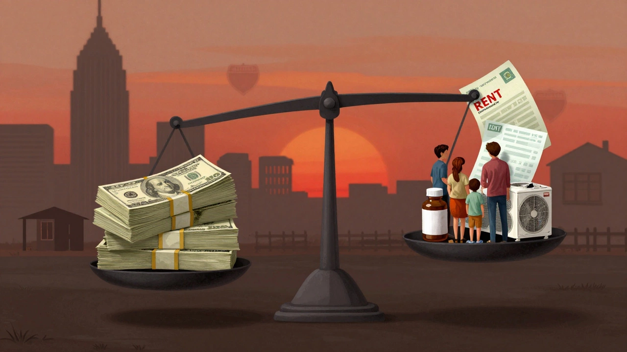 A scale tips under the weight of rent, medicine, and utilities, against a stack of cash, with Texas skyline in the background.