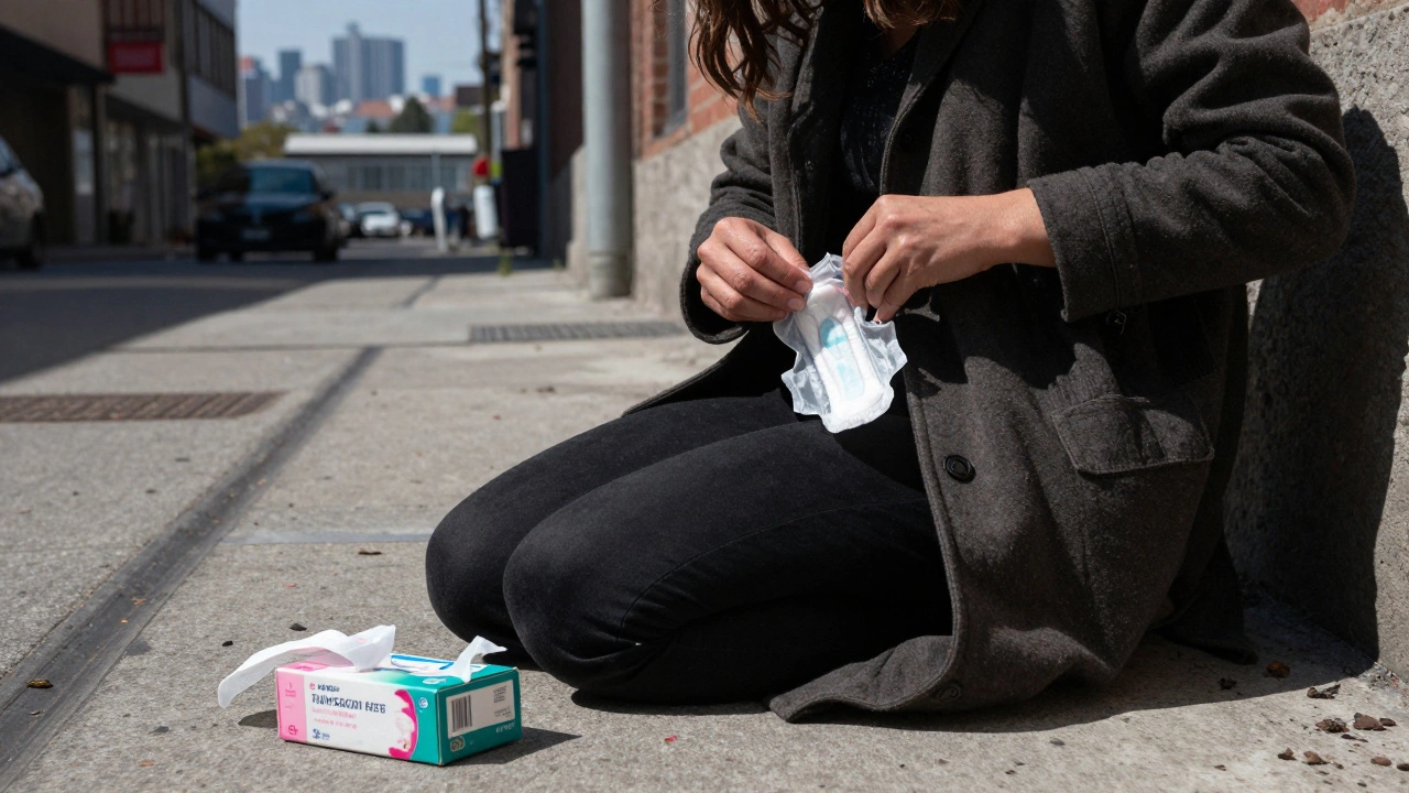 A woman carefully storing a tampon pack in her coat while sitting on a sidewalk amid urban surroundings.