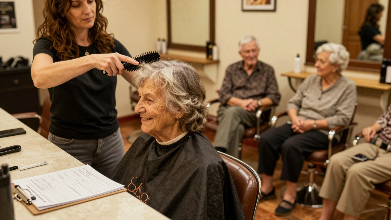 An elderly woman getting a haircut from a trusted local hairdresser, health forms on the counter.