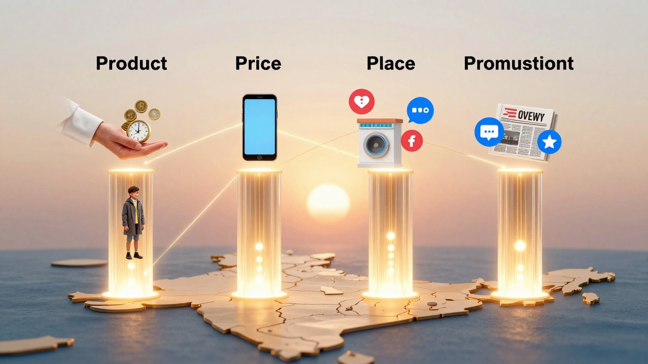 Four glowing pillars representing the 4 P's of charity connected by golden threads.