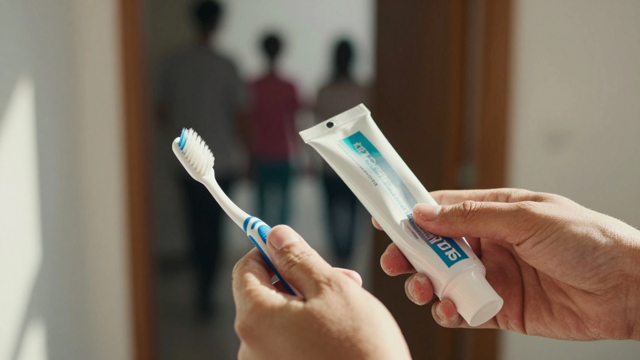 Hands holding a new toothbrush and toothpaste, symbolizing dignity and basic human care.