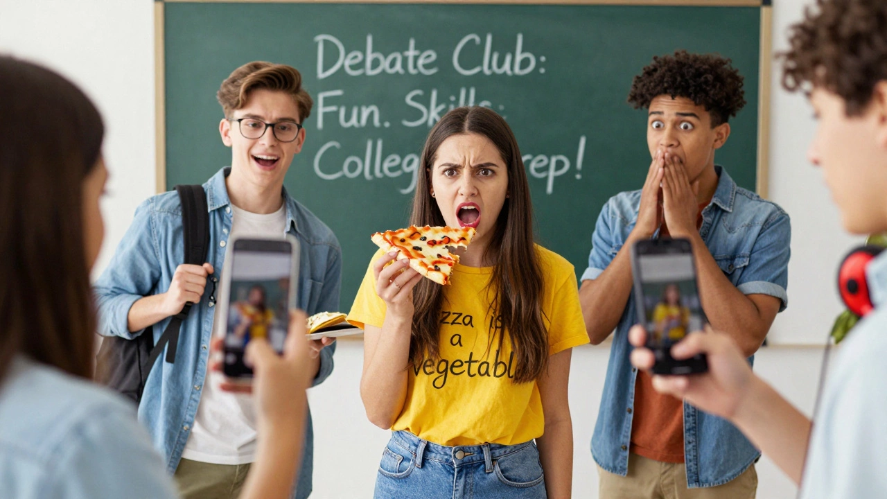 High school students filming a fun TikTok video about pizza being a vegetable for their debate club.