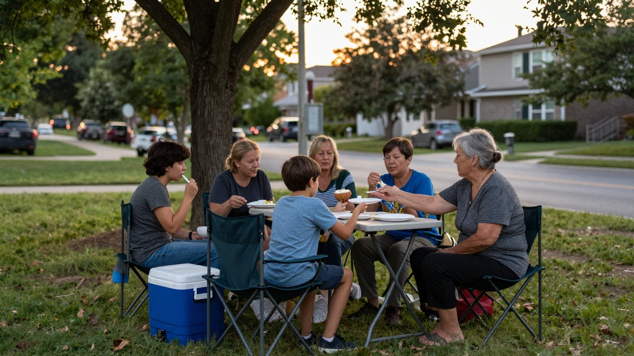 Neighbors sharing food at a simple park table at sunset, no signs or banners, just community.