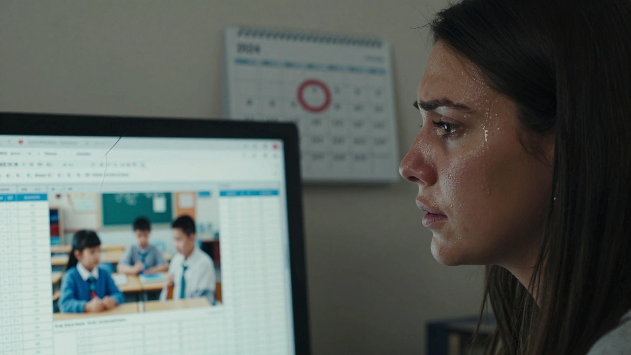 A charitable trust CIO weeping over a financial report, haunted by the impact of investment decisions on vulnerable children.