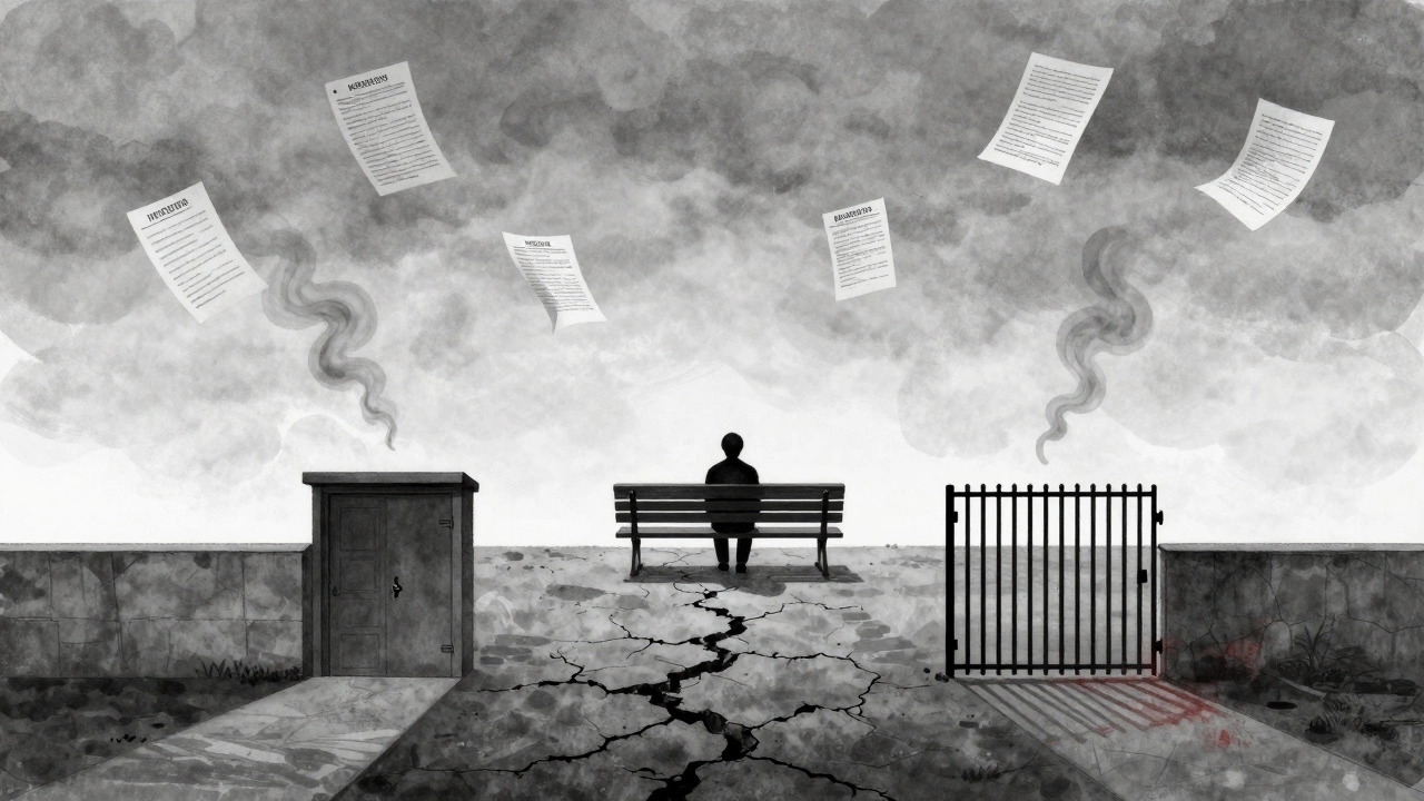A lone figure on a bench surrounded by dissolving legal papers, with paths leading to a shelter and prison.