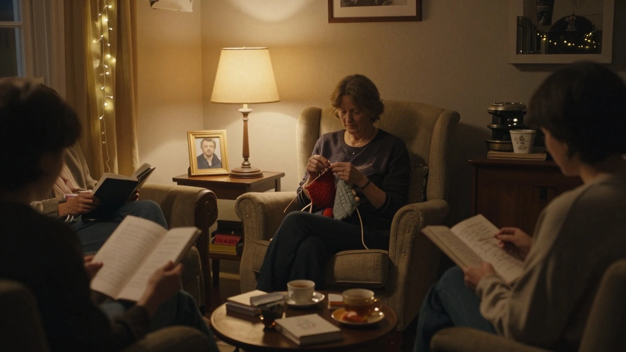 A quiet evening scene of people knitting and reading together in a softly lit living room.