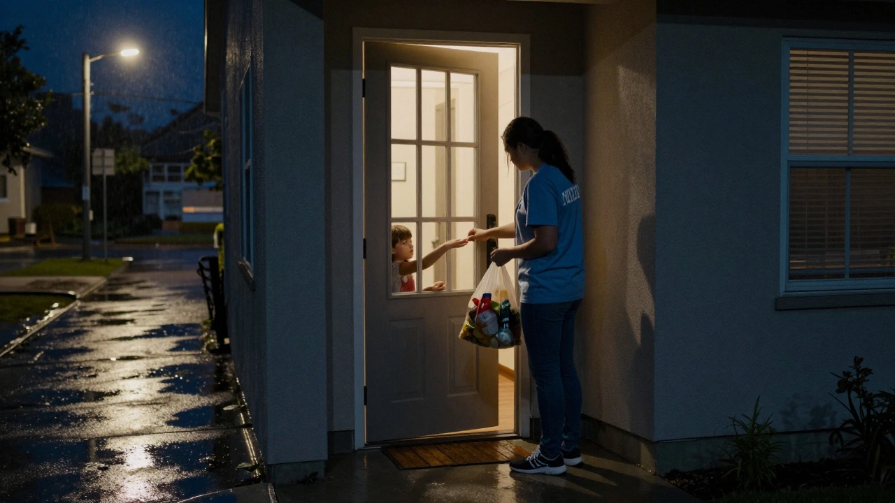A volunteer knocks on a door at night with groceries, a child peeks out, in a quiet residential area under a streetlamp.