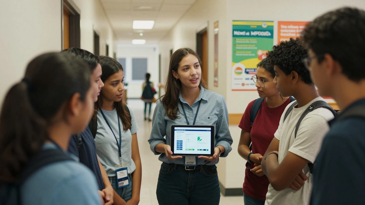 Community outreach coordinator engaging with diverse students in a campus hallway using a tablet.