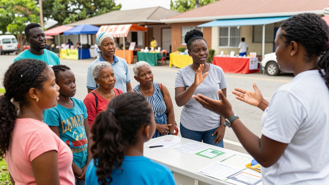 Diverse community members gather around a outreach worker at a pop-up information table in a neighborhood setting.