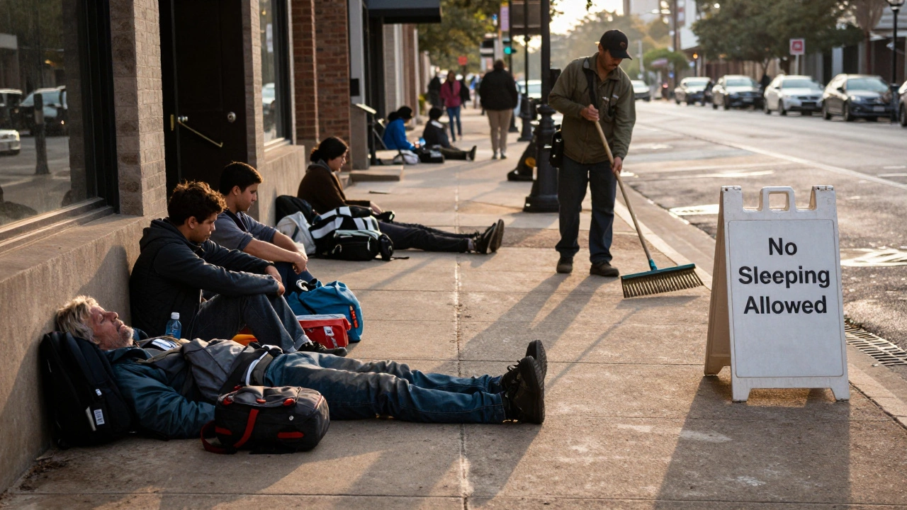 Homeless individuals sit on a sidewalk in Austin as city workers sweep away their belongings.
