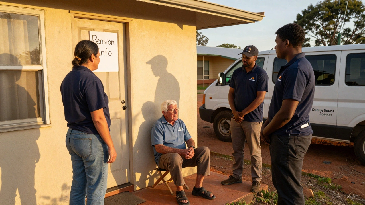 Outreach workers visiting a rural home to help a senior understand pension assistance options.