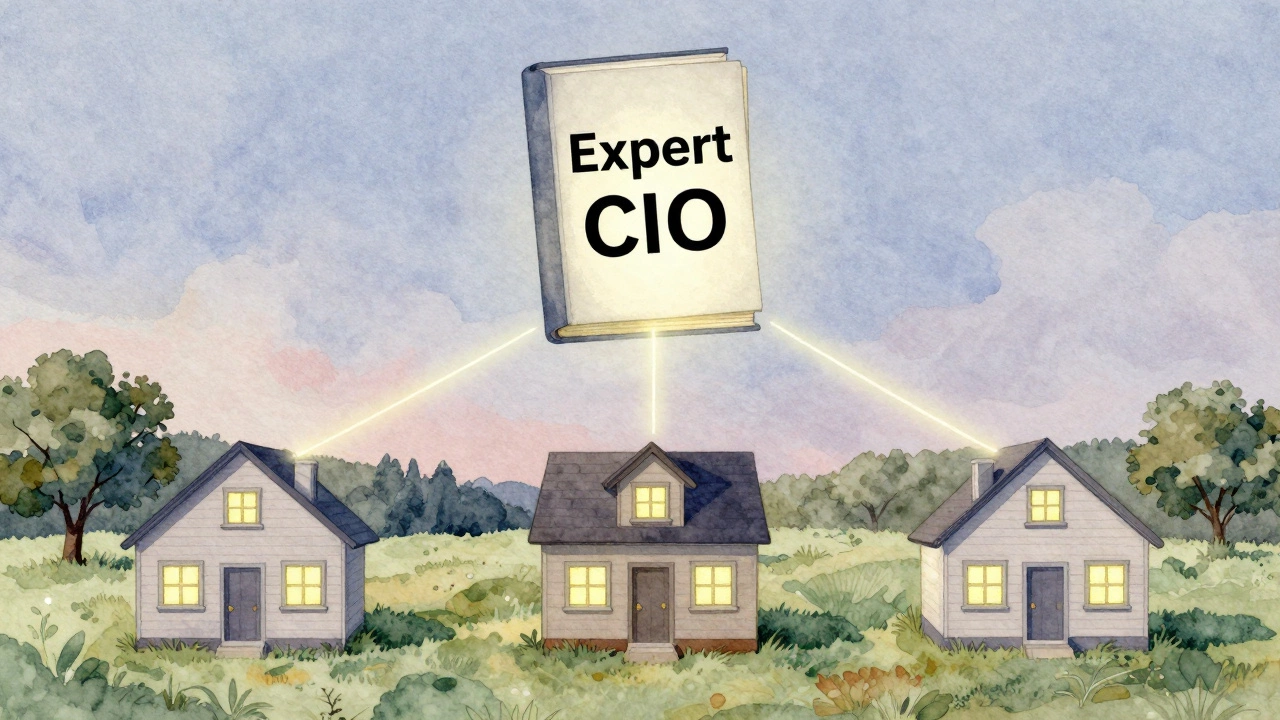 Three small charities connected by a shared expert investment resource, symbolizing collaborative financial sustainability.