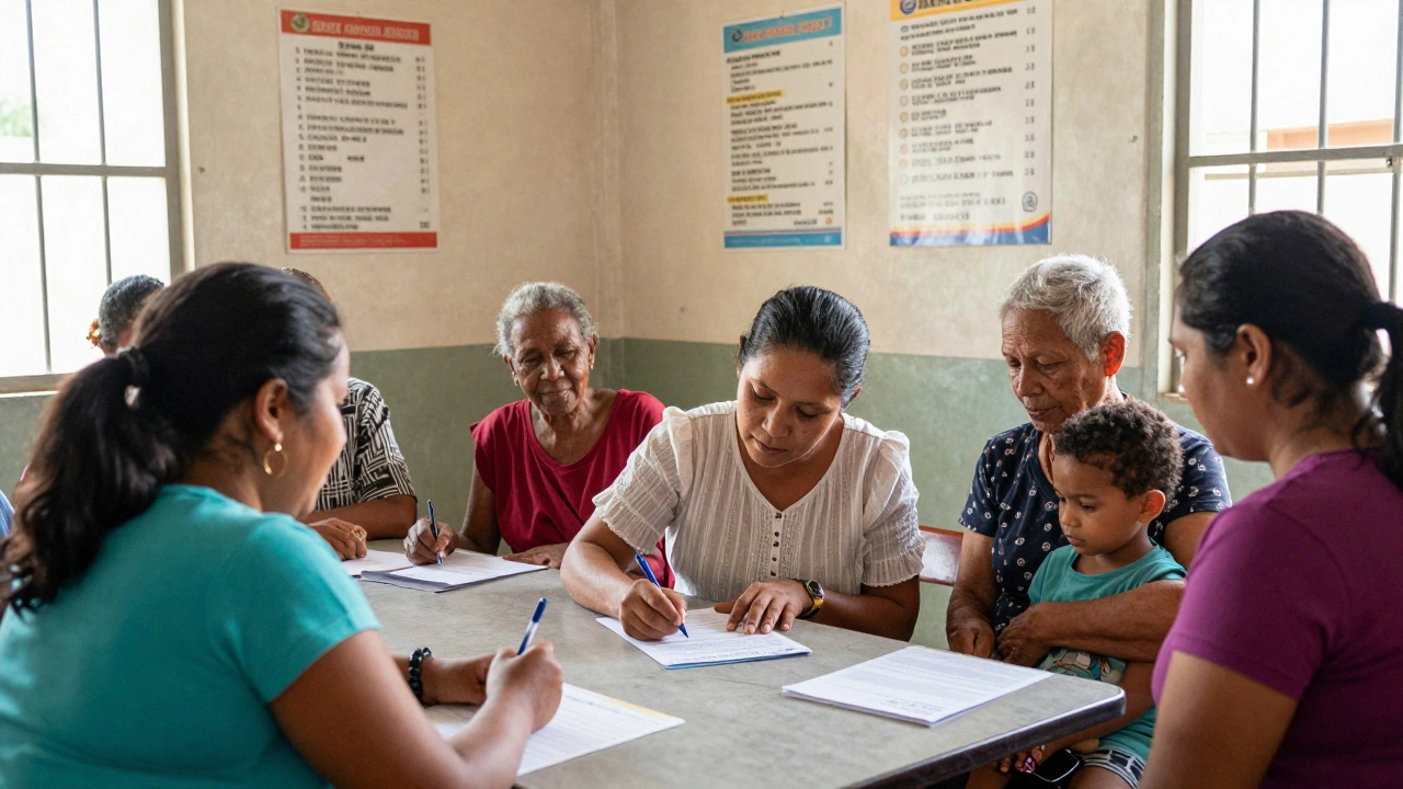 A diverse group gathers in a community center as an outreach worker helps a mother complete forms.