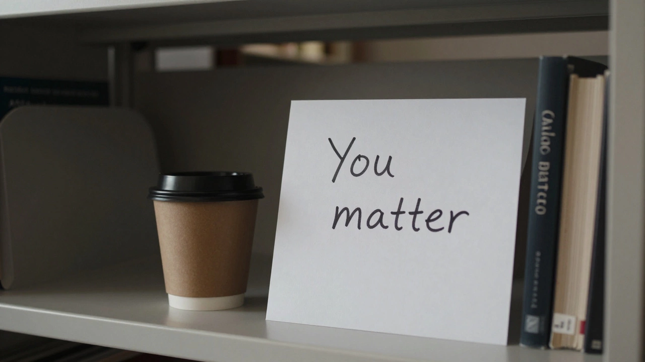 A handwritten note saying 'You matter' left on a library bookshelf.