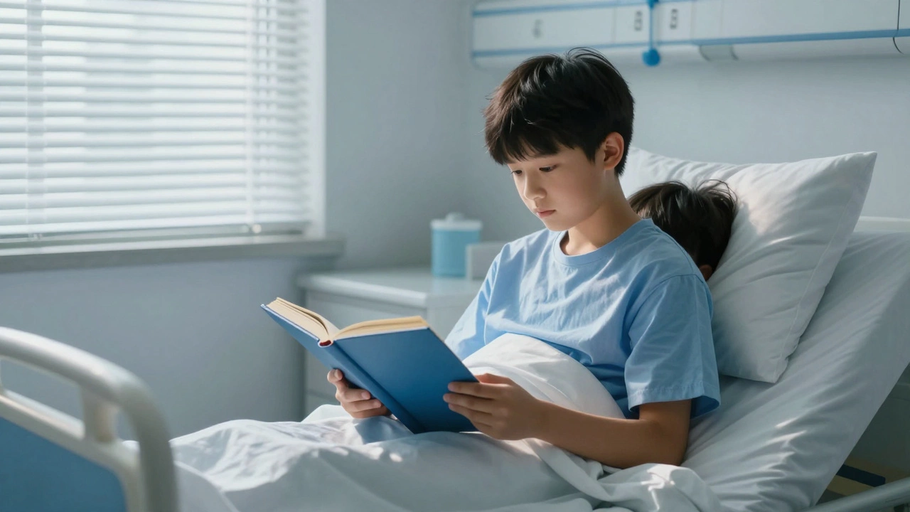 A teenager reading to a child in a hospital ward, offering comfort through presence.