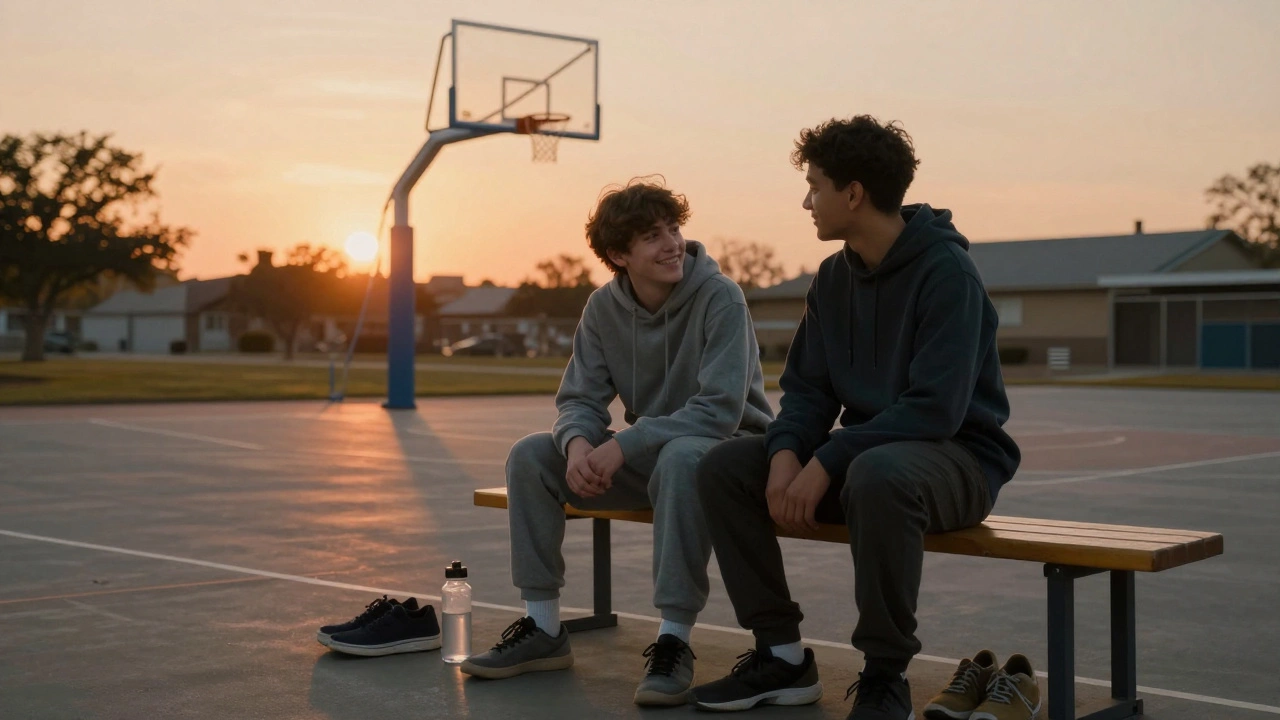 A youth worker and teen sit together on a basketball court at sunset, sharing a quiet moment.