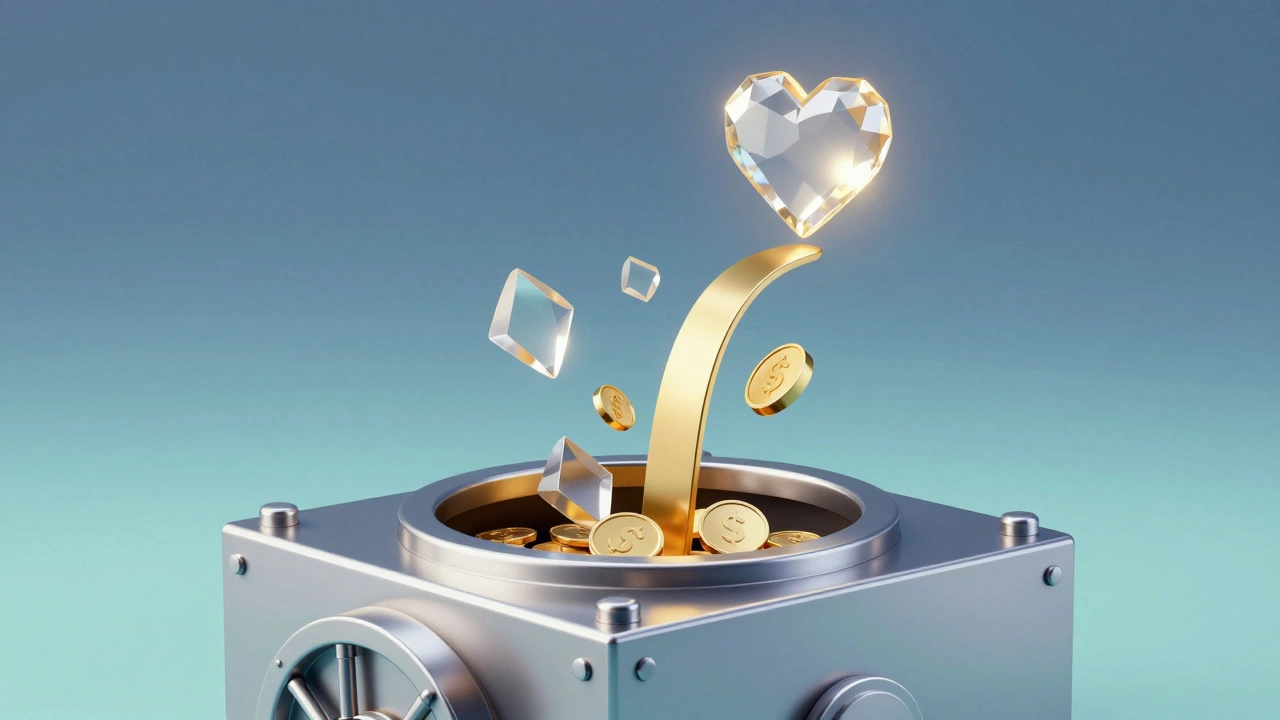 Abstract vault with assets flowing to charity icon.