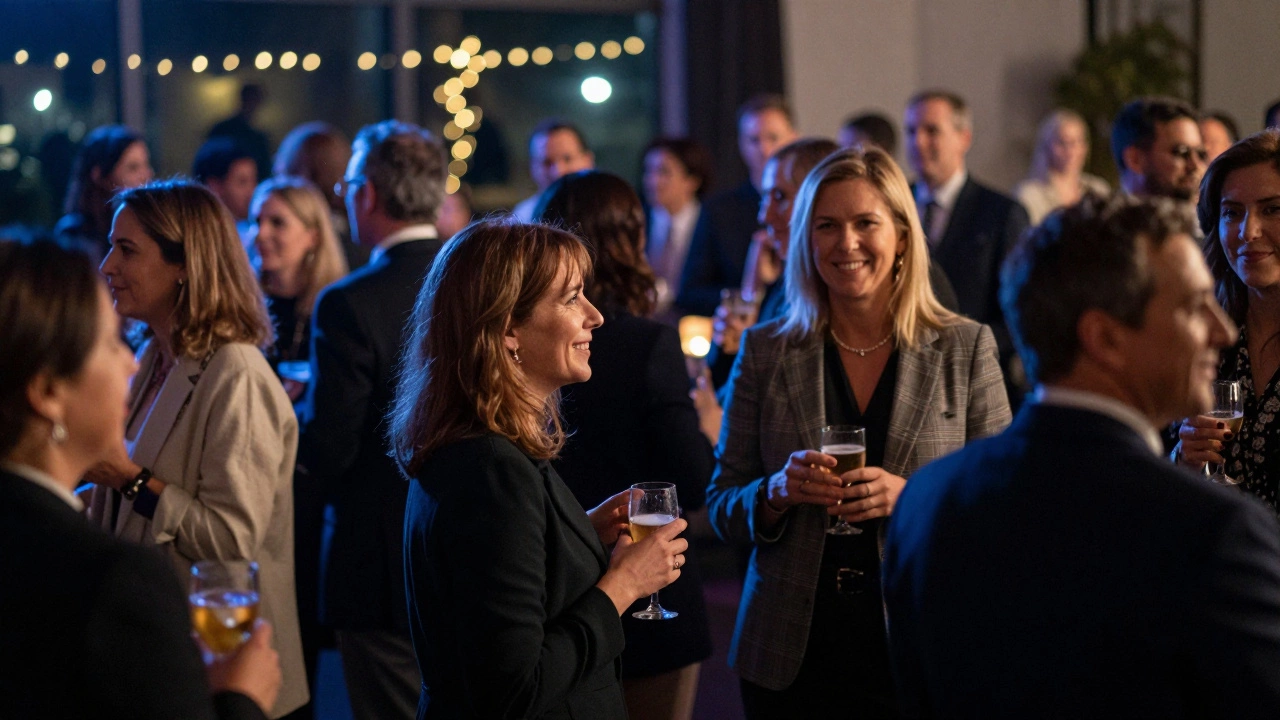 Attendees mingling at a warmly lit evening charity fundraiser.