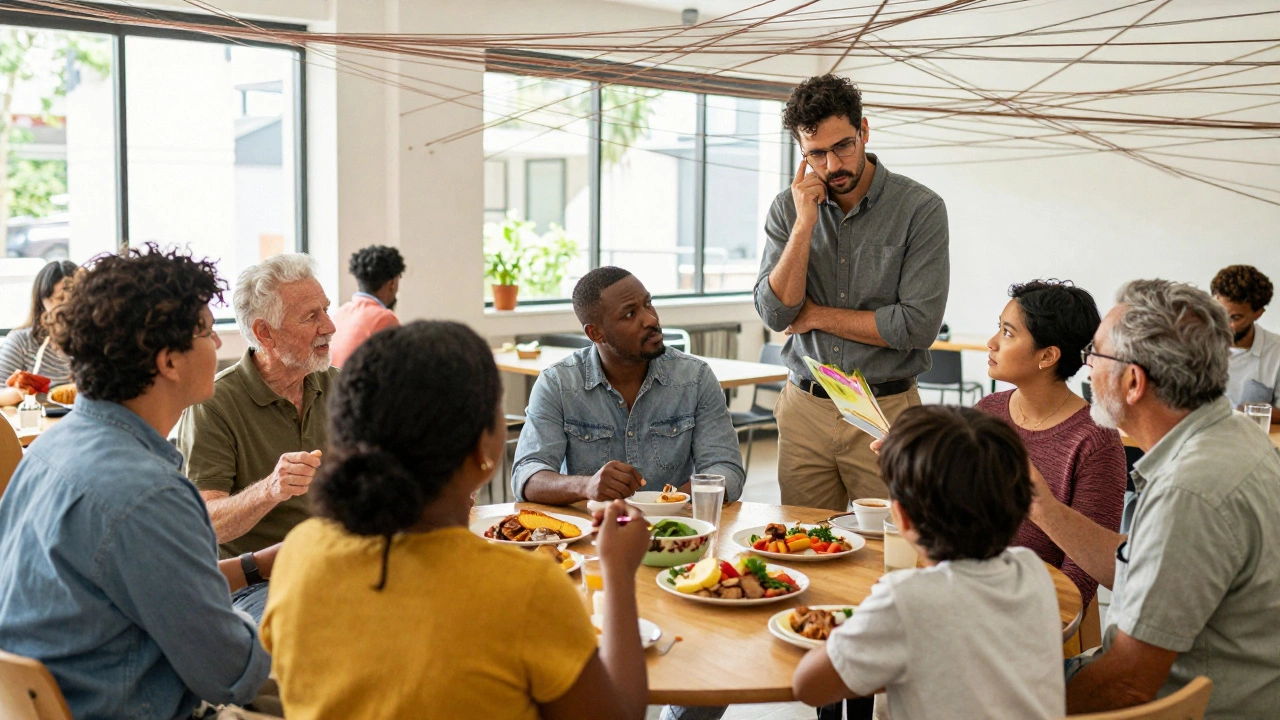 Diverse people gathering in a community center, sharing food, talking with a manager, and listening to an elder.